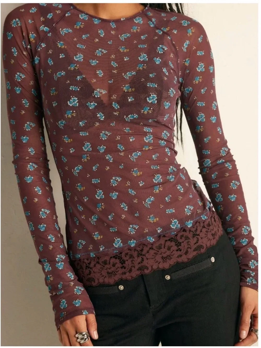 NWT Free People Long Sleeve Midnight Spark layering Top Brown combo
